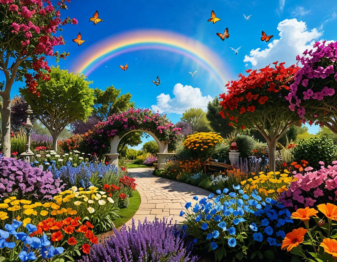 A vibrant garden scene depicting diverse people engaging in joyful activities, such as laughter and group hugs, surrounded by blooming flowers and colorful butterflies. Include symbols of positivity like sunshine, rainbows, and uplifting quotes in the background. Capture a sense of community and happiness, showcasing various cultures harmoniously. super-realistic. vibrant colors. bright blue sky.