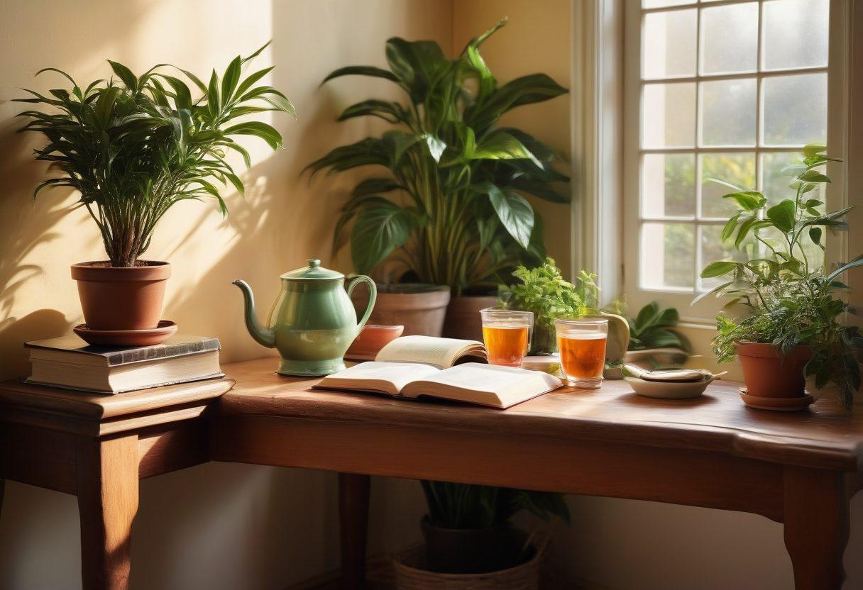 A serene scene depicting a cozy corner with a steaming cup of tea, an open book, and soft sunlight streaming through a window, surrounded by lush indoor plants. Include gentle touches of joy, like a small cat curled up nearby and a vibrant color palette that evokes warmth and tranquility. super-realistic. vibrant colors. soft focus.