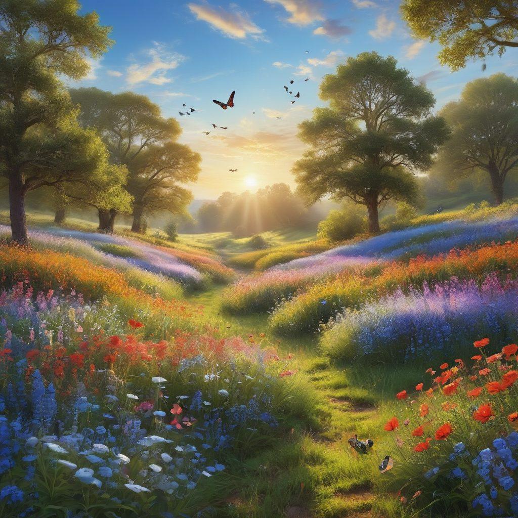 A bright and cheerful landscape featuring a sun-drenched meadow filled with colorful wildflowers, a diverse group of people joyfully engaging in activities like laughing, dancing, and picnicking, with a clear blue sky above. Incorporate whimsical elements like butterflies and birds to enhance the uplifting atmosphere. super-realistic. vibrant colors. sunny backdrop.